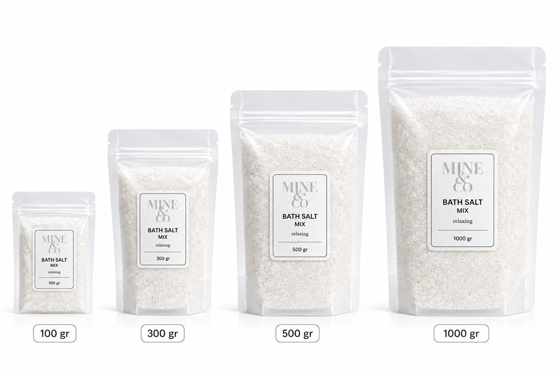 Perbandingan ukuran kemasan Bath Salt 100 gr sampai 1000 gr