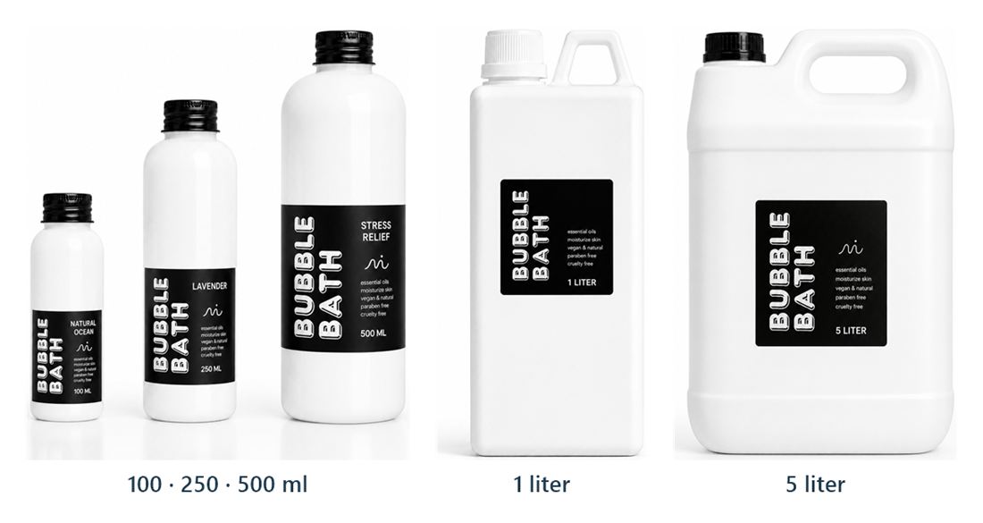 Perbandingan ukuran botol Bubble Bath Liquid 100 ml sampai 5 liter