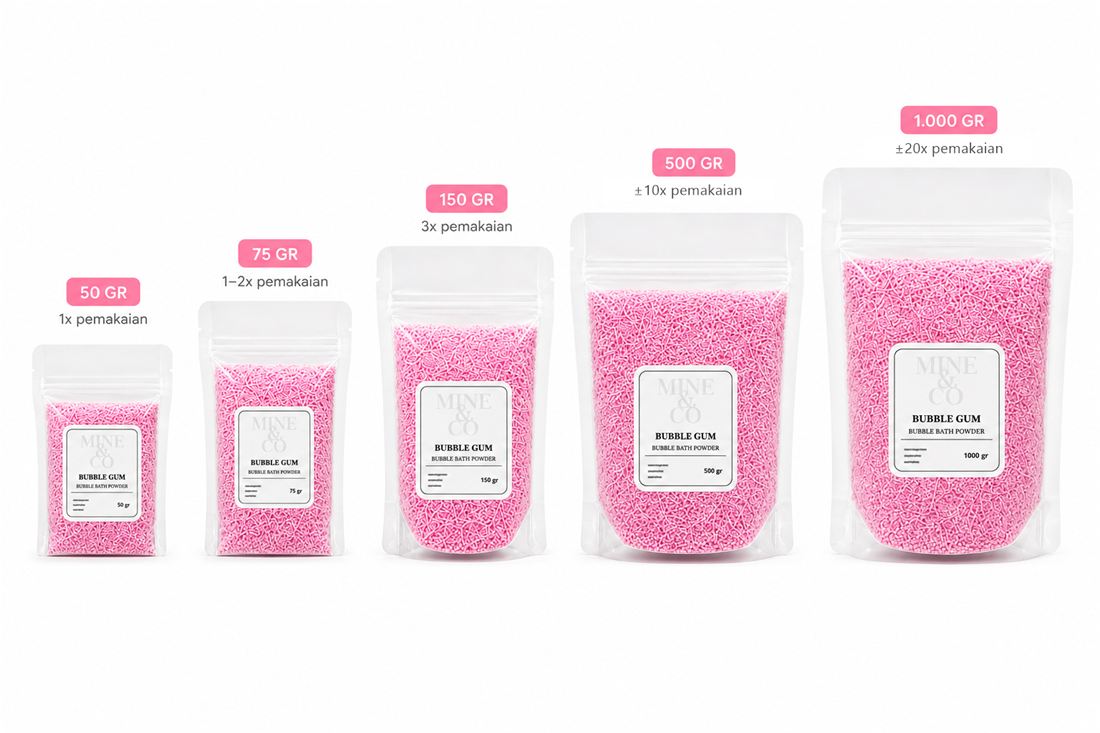 Perbandingan ukuran kemasan Bubble Bath Powder 50 gr sampai 1 kg