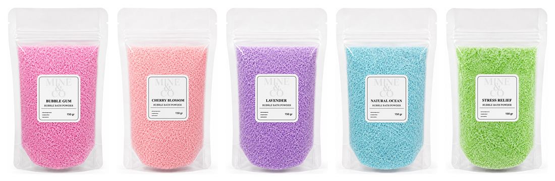 Bubble Bath Powder 150 gr: Bubble Gum, Cherry Blossom, Lavender, Natural Ocean, Stress Relief